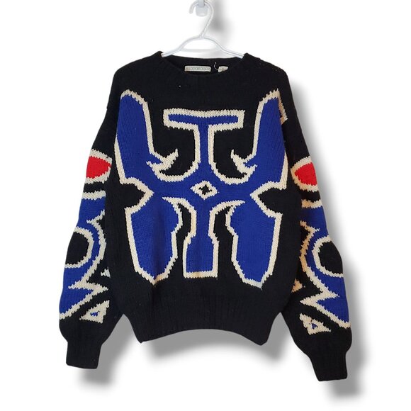 Vintage 90s Patterned Wool Heavy Knit Sweater Black Size XL - Picture 1 of 5
